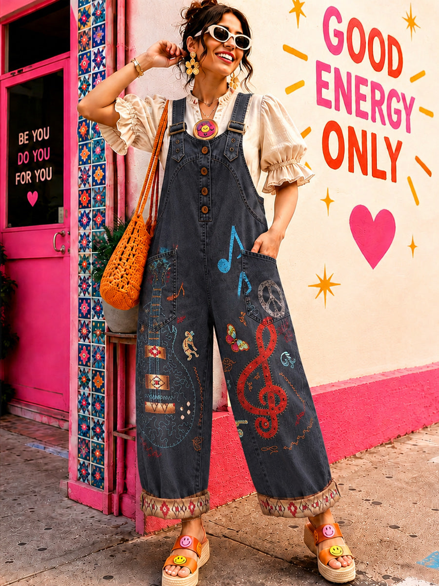 Women's Retro Style Art Print Washed Cotton Denim Patchwork Jumpsuit